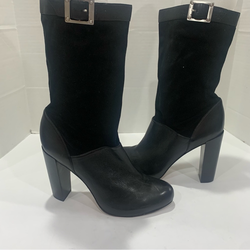 RACHEL ZOE size 11 mid calf height black leather and suede boot buckle detail